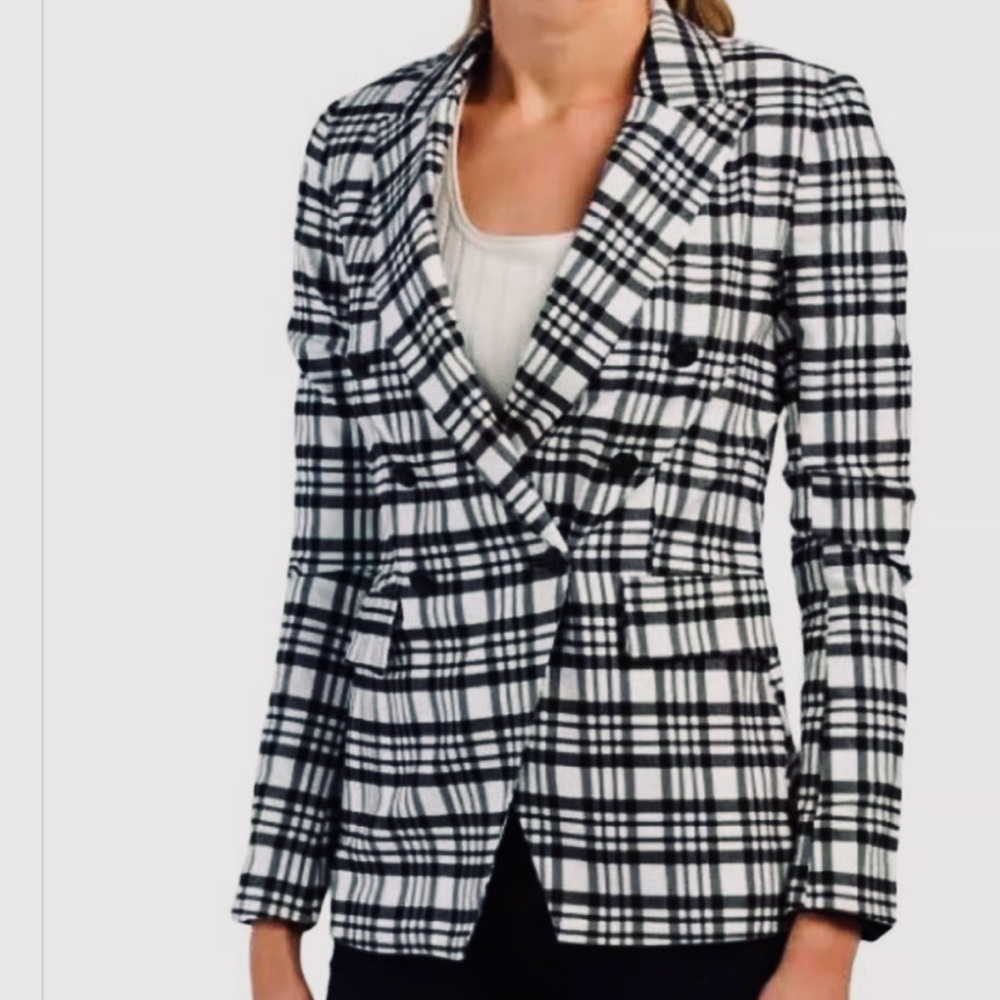 Maison d’Amelie Paris Blazer Jacket Black White Plaid stretch double breasted XL